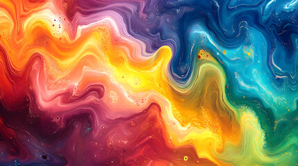 Colorful marbled acrylic paint swirl with yellow, red, teal, and violet, fluid art background for branding and creative design.