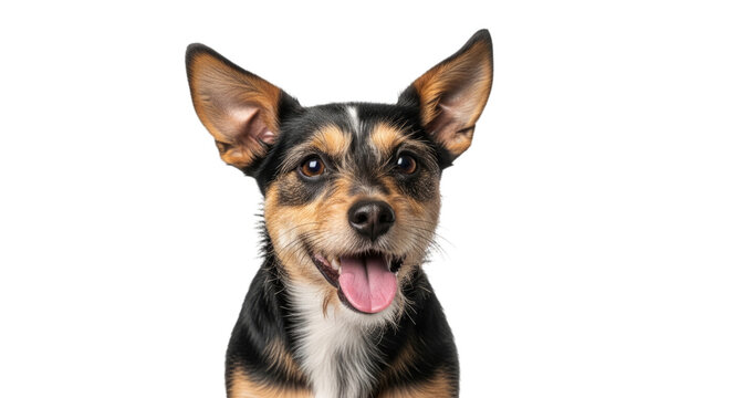 Happy small dog with tongue out and big ears looking up isolated on a transparent background