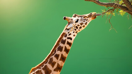Obraz premium Giraffe eating leaves from a tree branch in a green environment.