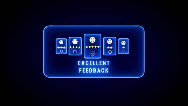 A digital interface presents five user feedback cards with varying star ratings and emoji expressions, indicating feedback, bathed in blue neon light against a black backdrop