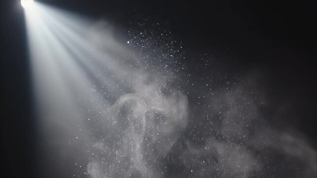 Dramatic spotlight illuminates swirling dust particles against a dark background