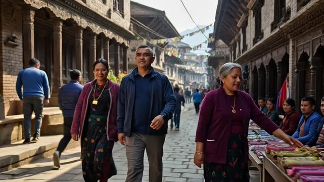 Vibrant street scene in historic town with people shopping and walking