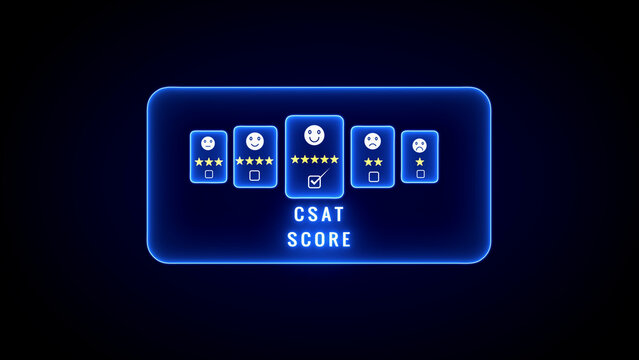 High-tech digital interface featuring CSAT score with five rating options represented by stars and emoticons, illuminated by a bright blue neon glow on a dark background