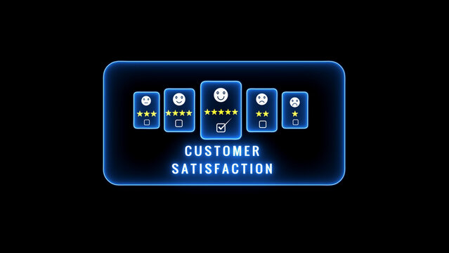 Glowing blue neon digital interface showcasing a customer satisfaction survey with five rating options from sad to happy faces and star ratings, with the happiest option checked and the text CUS