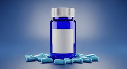 Blue medicine bottle with white cap surrounded by blue capsules on a dark background for pharmaceutical medication health and healthcare concepts