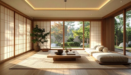Interior view of a serene Japanese-inspired living space with garden vista
