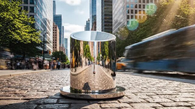 A shiny, metallic bollard on a cobblestone street in a bustling city with blurred taxi and people in background