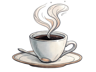 Hot cup of coffee mug with steam aroma and brown beverage illustration on a saucer for cafe breakfast