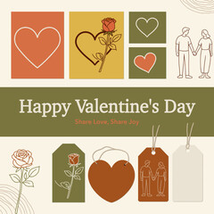 Valentine&rsquo;s Day Love Elements Collection with Hearts, Rose and Couple Illustration. Perfect for greeting cards, invitations, posters, gift tags, social media posts, and holiday promotions.