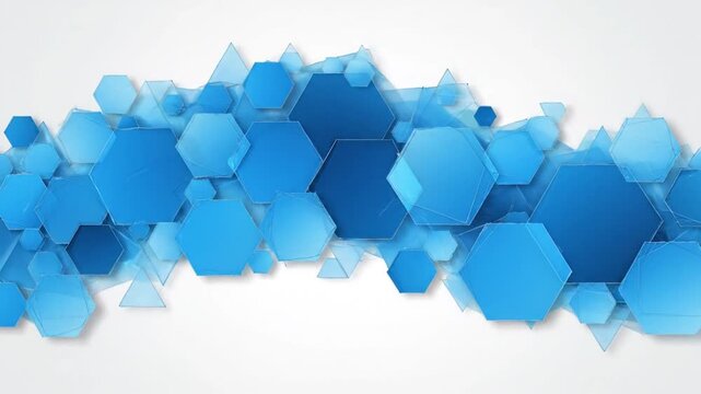 Blue hexagons and triangles overlap on white background for design or technology presentation