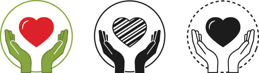 Obraz premium Hands holding heart icons set in color, outline, and dashed styles, care, love, charity, and protection symbol illustration for support and wellness concepts