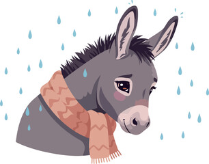 Sad Donkey In Pink Scarf Under Rain Pixel Art Style Isolated On White Background