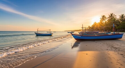 Naklejka premium A serene beach scene with boats and palm trees at sunset.