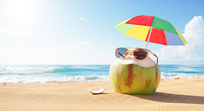 Coconut with sunglasses and colorful umbrella on the beach.