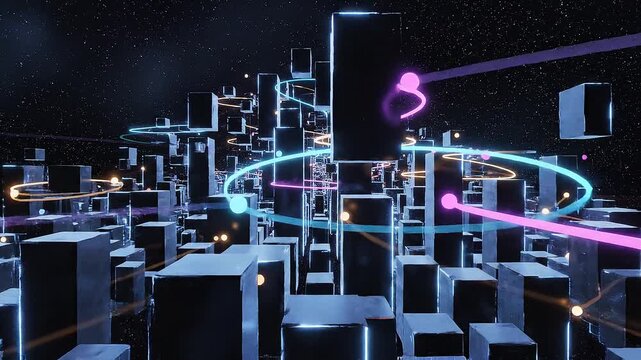 Retro-futuristic 3D abstract motion graphics of glowing rings and monoliths in dark space