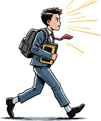 School Boy With Books and Backpack Walking Enthusiastically