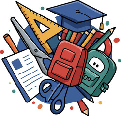 School Supplies Backpacks Scissors Ruler Graduation Cap With Colorful Confetti