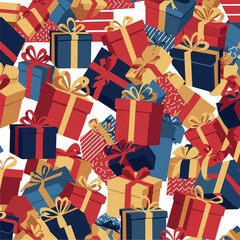 Seamless Pattern of Red Blue Yellow Gift Boxes Bows Festive Background