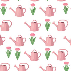 Seamless Pink Tulip And Watering Can Pattern Vector Flat Design