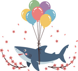Shark Floating With Balloons Cute Cherry Blossoms Flat Design