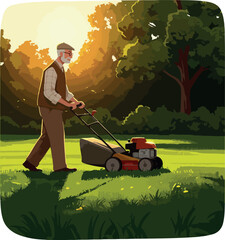 Senior Man Mowing Lush Green Lawn Golden Hour Sunlight Backlit Trees