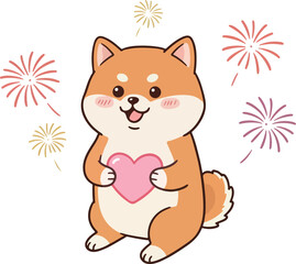 Shiba Inu Dog Holding Heart Pink with Fireworks Celebration