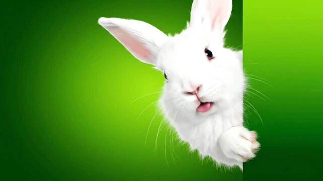 A fluffy white bunny peeks out from behind a green wall, sticking its tongue out