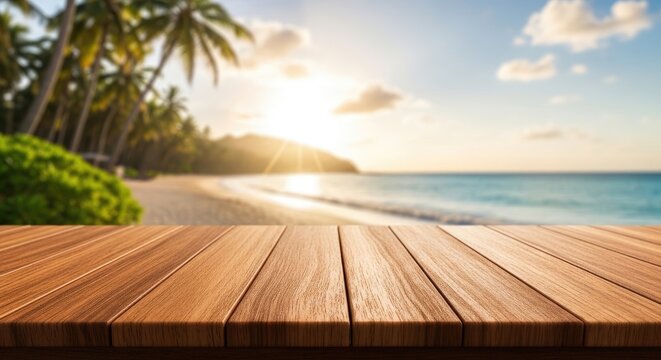 Wooden table top on a beach with palm trees and a sunset.