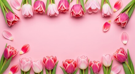 Obraz premium Pink tulips on a pink background with green leaves.