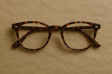 Tortoiseshell glasses viewed from directly above on a textured beige surface