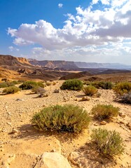 Expansive desert landscape featuring rugged terrain under a blue sky