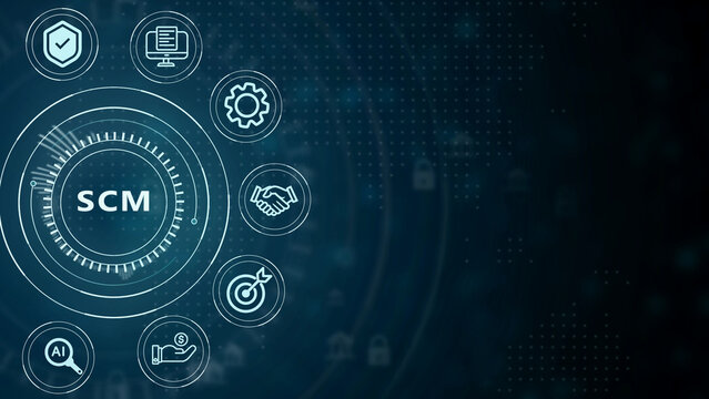 Supply Chain Management SCM concept with a central circular interface displaying SCM and for AI, finance, goals, partnerships, settings, computers, and security on a dark blue digital