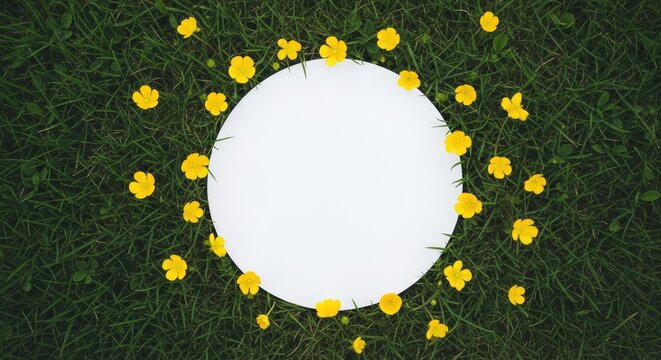A white circle with yellow flowers in a grassy field.