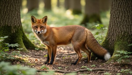 Fototapeta premium Vivid Red Fox in Forest: A stunning portrait of a red fox, its fiery fur gleaming under dappled sunlight, stands amidst the dense woods.