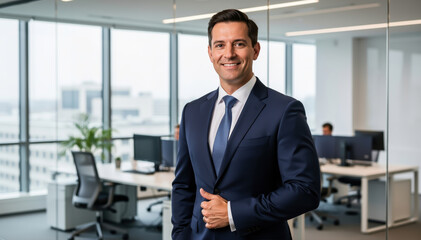 Fototapeta premium Confident Executive Portrait: A poised executive stands confidently in a modern office setting, embodying professionalism and leadership.