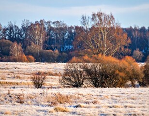 Field in winter, with trees and shrubs touched by morning sunlight