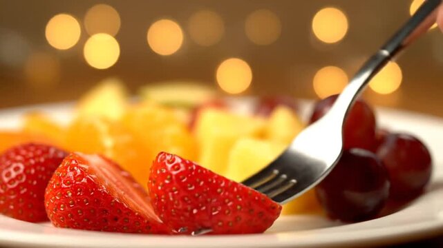 Fork spearing strawberry in fruit salad.