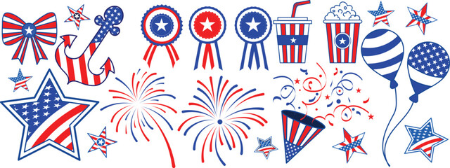 Obraz premium Patriotic 4th of July Vector Design Set – Stars, Fireworks, Balloons and American Flag Elements