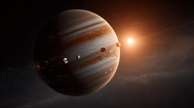 A large gaseous planet with swirling brown and white clouds illuminated by a bright sun in the background