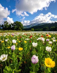 Field of colorful flowers bathed in sunlight with mountain backdrop