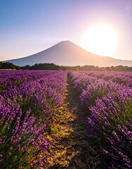 Field of purple blooms leads to a mountain under a bright sun