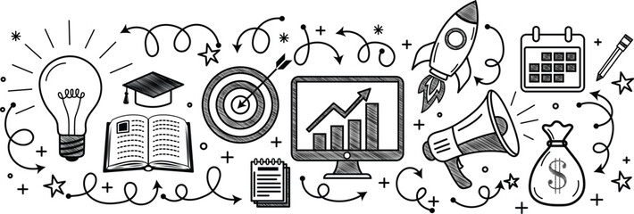 Monochrome education and business growth doodle set featuring graduation cap rocket graph and money bag icons © SrDesgin 