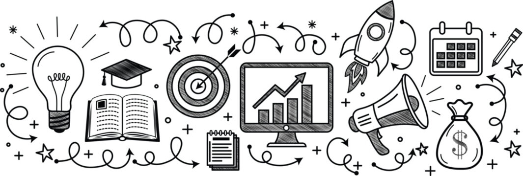 Monochrome education and business growth doodle set featuring graduation cap rocket graph and money bag icons