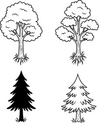 Obraz premium Four distinct trees illustrated with unique shapes and root systems. Vector