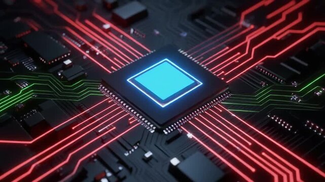 Close-up microchip on a circuit board with glowing blue center and colorful pathways