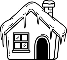 A charming, snow-covered house with icicles hanging from the roof and a cozy chimney. Vector