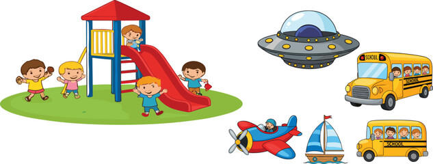 Fototapeta premium Cute cartoon children playground and transport vehicles collection playful kids vector illustration set