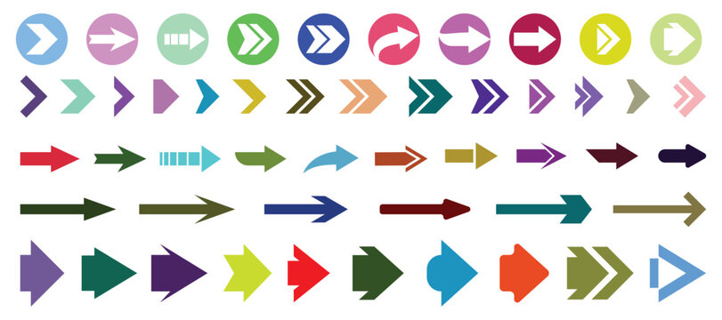 Vector collection of colored arrows. Colorful arrow symbols. Set of flat vector arrows.  Arrows set vector illustration. Colorful arrow symbols.