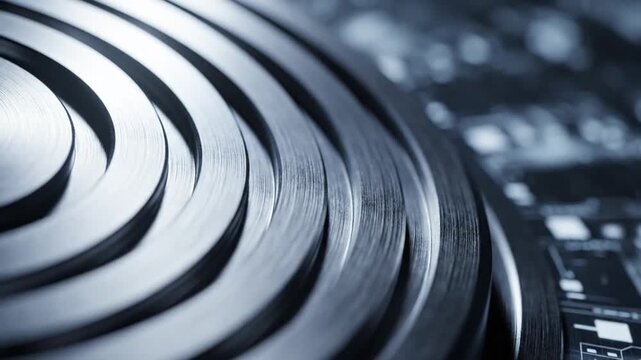 Close-up of vinyl records stacked in studio with sound mixer in background