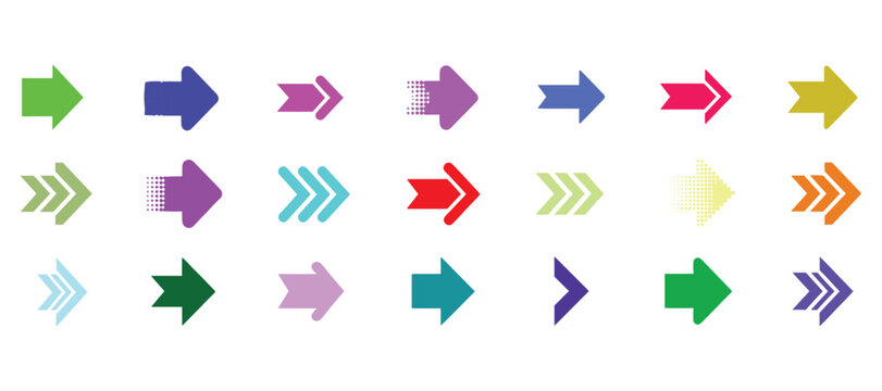 Vector collection of colored arrows. Colorful arrow symbols. Set of flat vector arrows.  Arrows set vector illustration. Colorful arrow symbols.